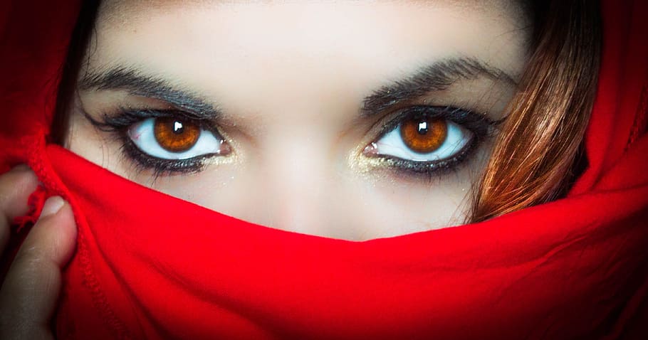 woman's face, portrait, look, red, scarf, mystery, hidden, eyes