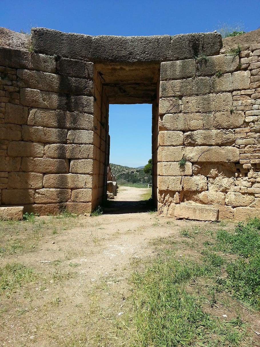Mycenae, Lions, Grave, Wall, lions grave, beehive grave, tholos, HD wallpaper