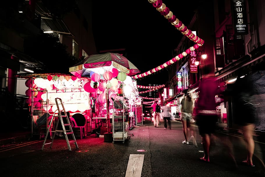 street store stall, gray ladder, lights, lanterns, city, vendor HD wallpaper