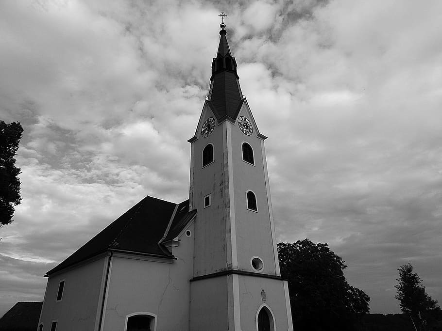 church, steeple, catholic, clock tower, black and white, architecture HD wallpaper