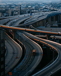aerial view of roads with cars, city road with cars, interstate HD wallpaper