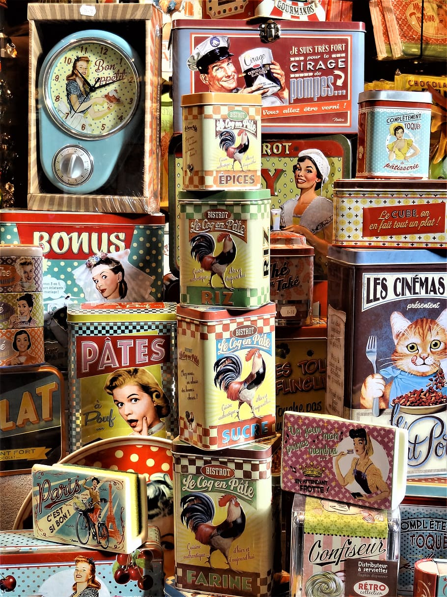 tin cans, stack, nostalgia, human representation, male likeness HD wallpaper