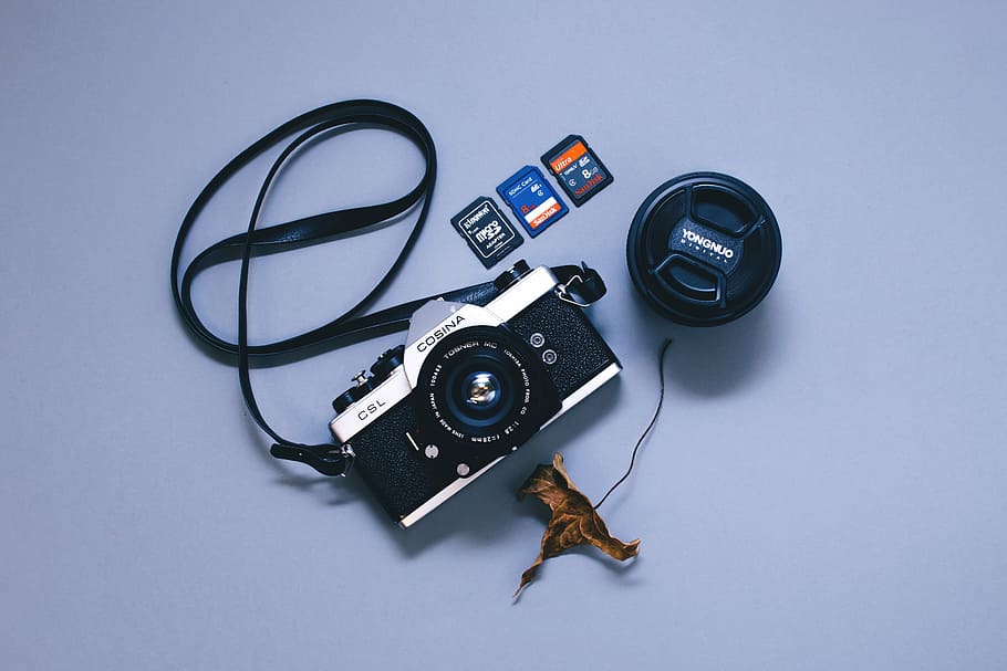 black and gray DSLR camera, camera lens, device, dry leaf, electronics HD wallpaper