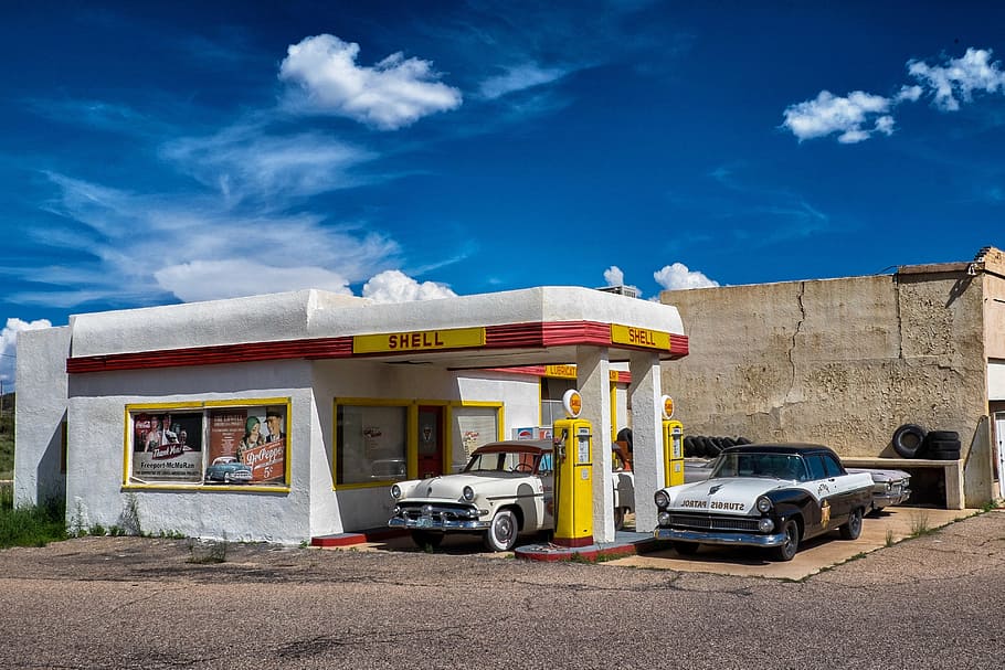 gas station, retro, 1950s, vintage, gasoline, car, pump, old, HD wallpaper