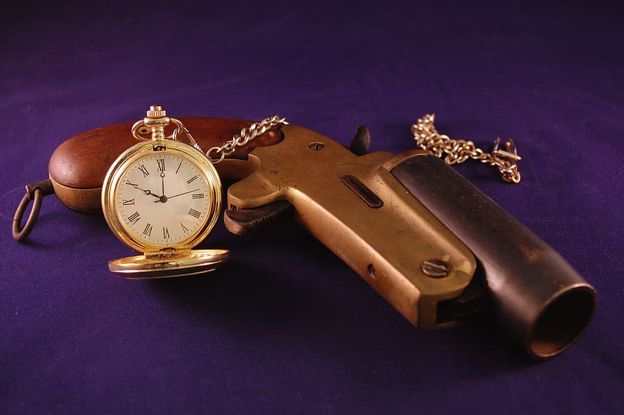 clock, gun, old, scene, pocket watch, indoors, still life, time HD wallpaper