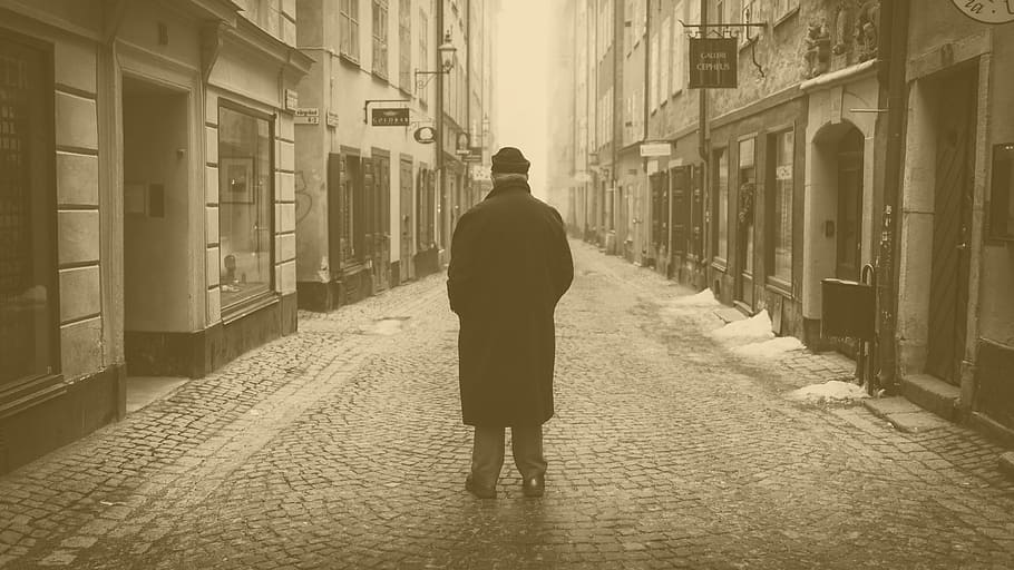 man wearing black coat and hat, floor, old, path, bacl, street HD wallpaper