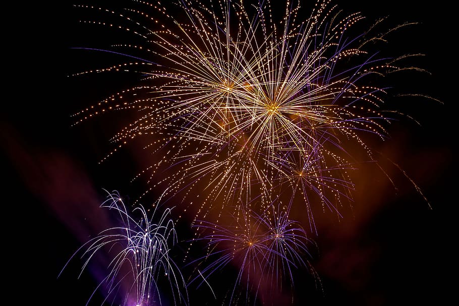 multicolored fireworks, pyrogames, rocket, pop, beacon, fireworks art, HD wallpaper