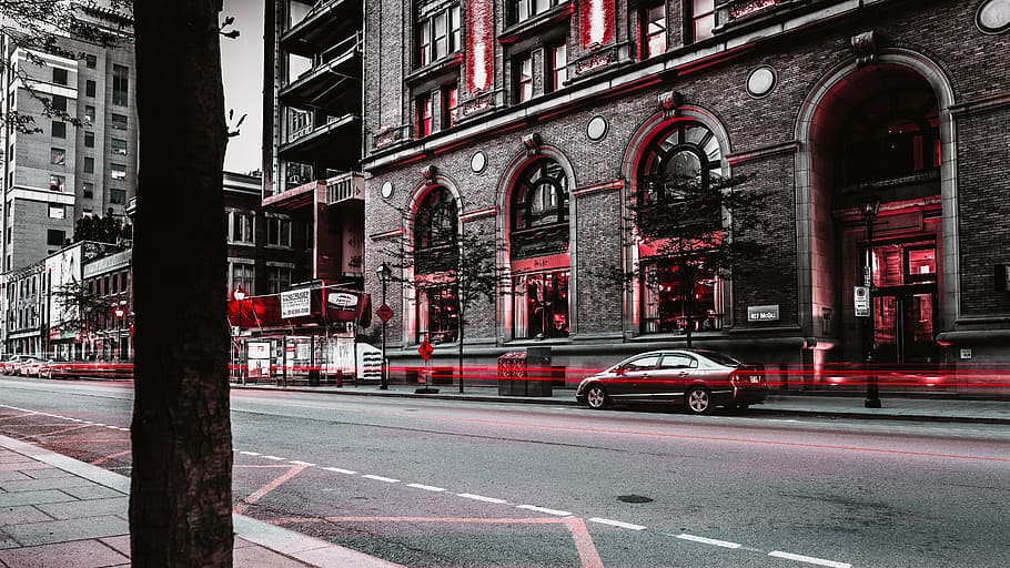 red sedan on road near buildings at daytime, architecture, infrastructure HD wallpaper