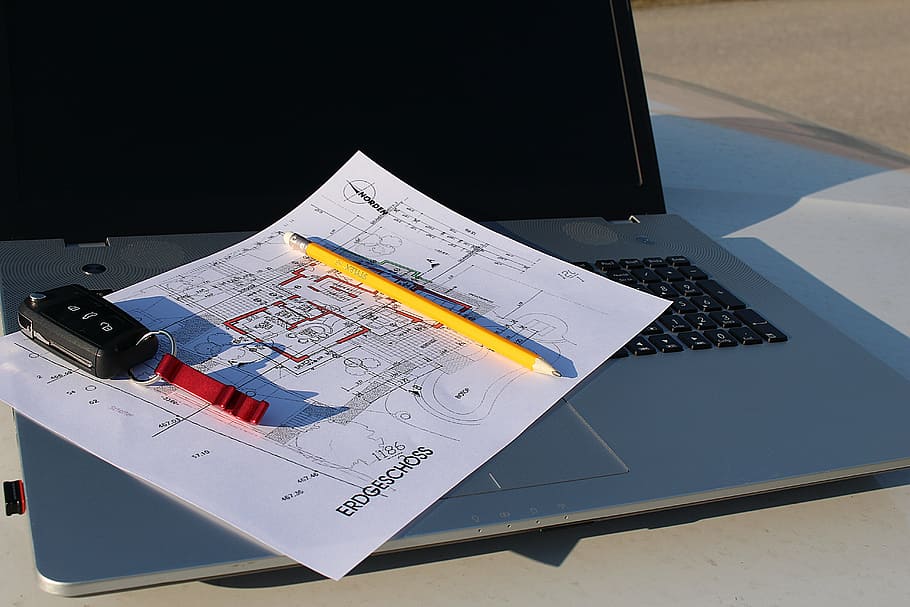 black keyfod on white sheet, building plan, laptop, visit, site HD wallpaper