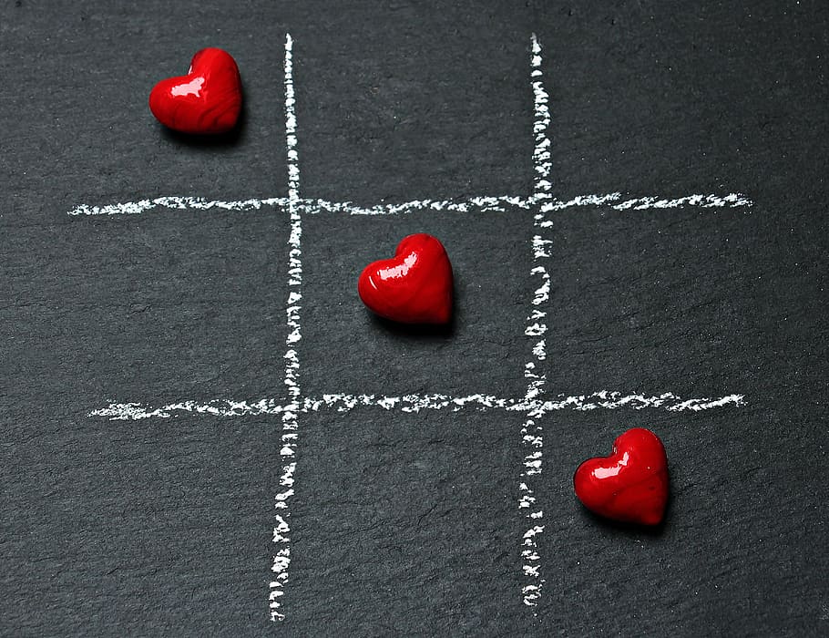 three red heart stones, tic tac toe, love, play, ankreuzen, strategy game, HD wallpaper
