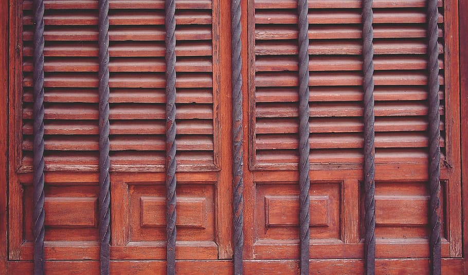 brown wooden french window, door, panel, bars, entrance, full frame, HD wallpaper