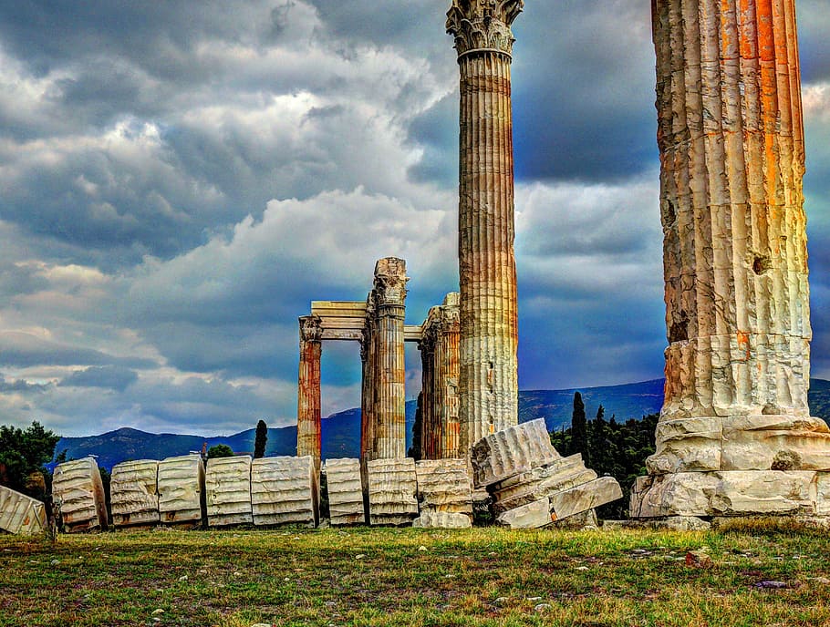 white concrete pillars landmark, athens, temple, zeus, sky HD wallpaper