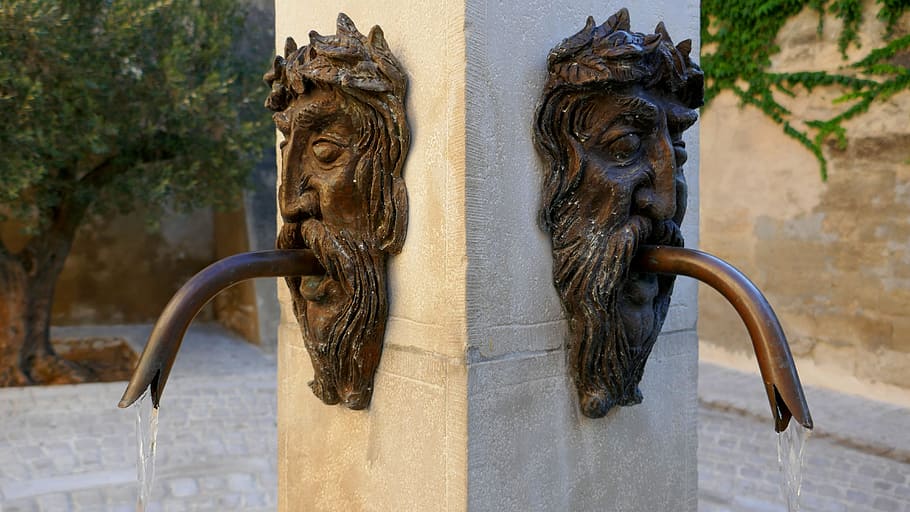 Fountain, Face, Bronze, Uzes, France, gard, languedoc-roussillon HD wallpaper