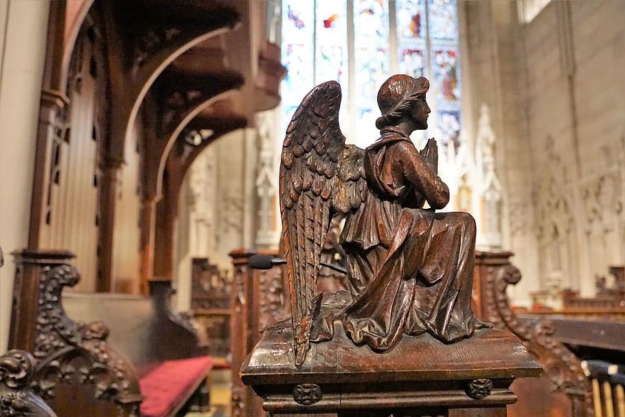 angel wood carving decor, church, new york, god, religion, usa, HD wallpaper