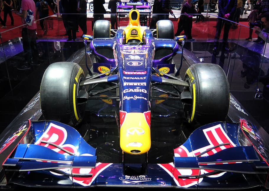 blue and yellow F1 car on black surface, red bull, formula 1