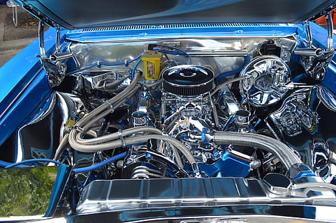 gray and blue automotive engine, race car, chrome, horsepower HD wallpaper