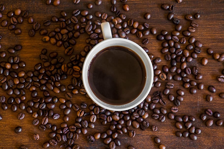 coffee mug surrounded by scattered coffee beans, coffee cup HD wallpaper
