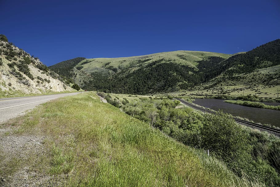 Hills, road, landscape, and river in Montana, grass, greenery HD wallpaper