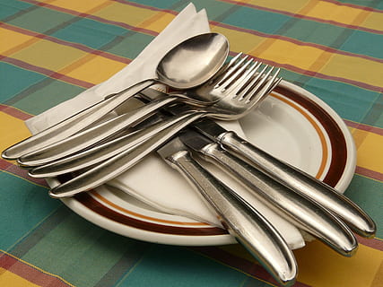 cutlery set on plate, Knife, Fork, Spoon, Eat, Dine, table HD wallpaper