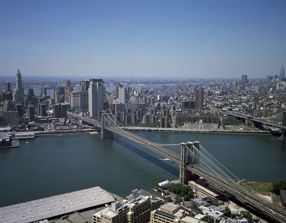 brooklyn bridge under blue skies aerial photography, manhattan HD wallpaper