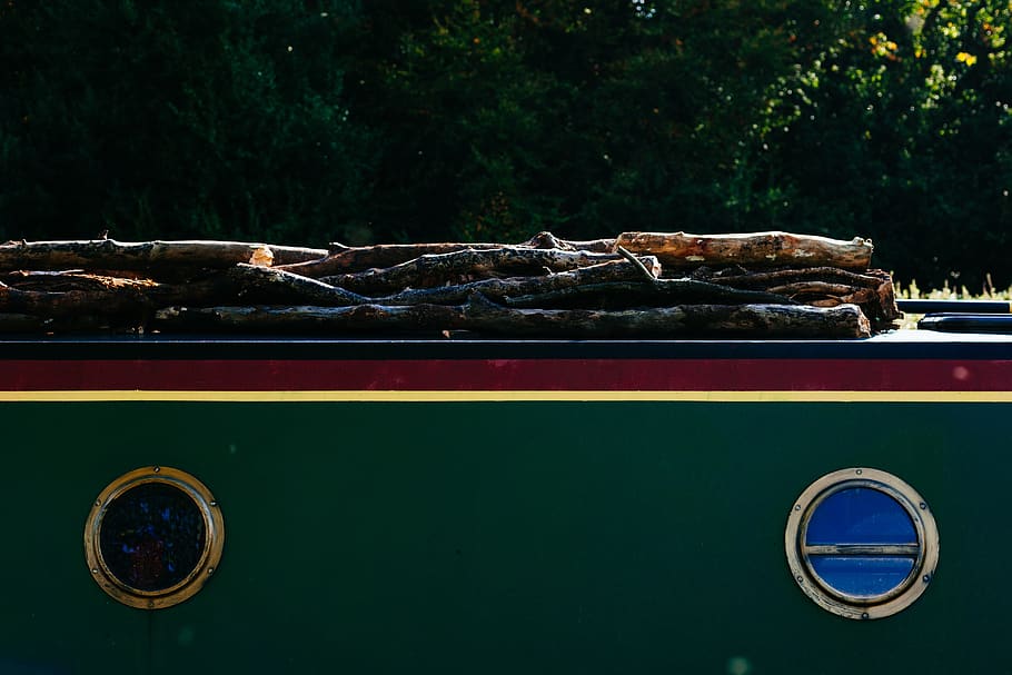 boat, windows, wood, logs, transportation, no people, green color HD wallpaper