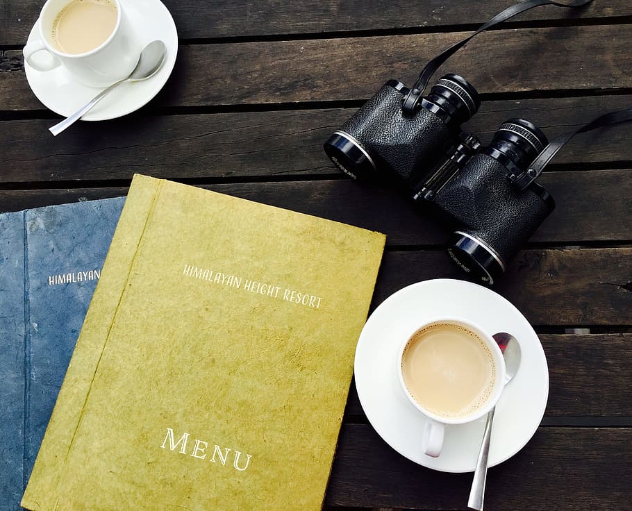 binoculars beside book and cup of coffee, breakfast, caffeine HD wallpaper