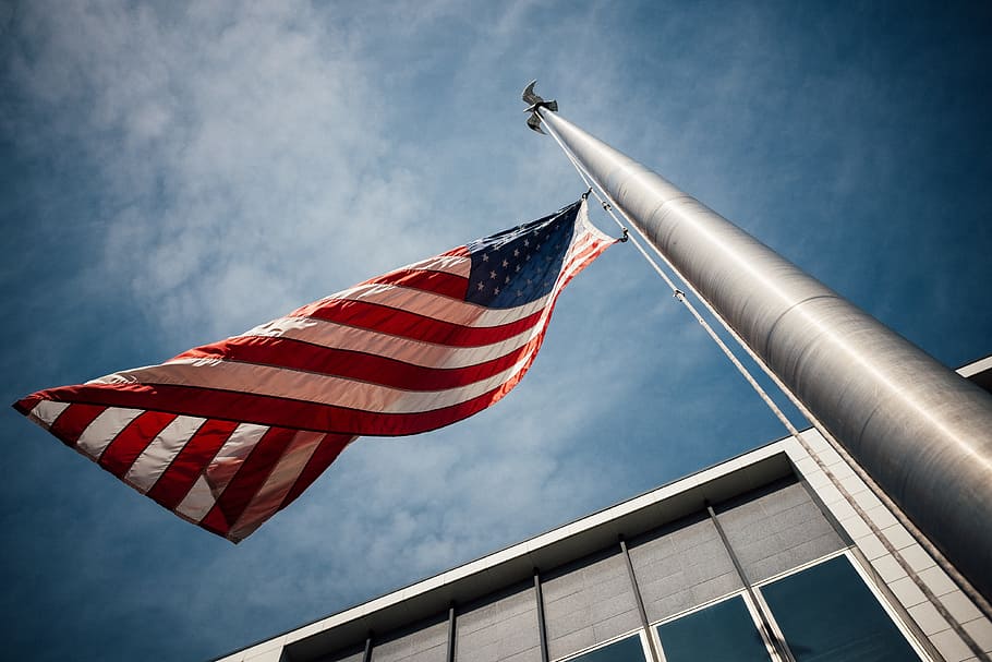 building, structure, flag, pole, rope, america, sky, patriotism HD wallpaper