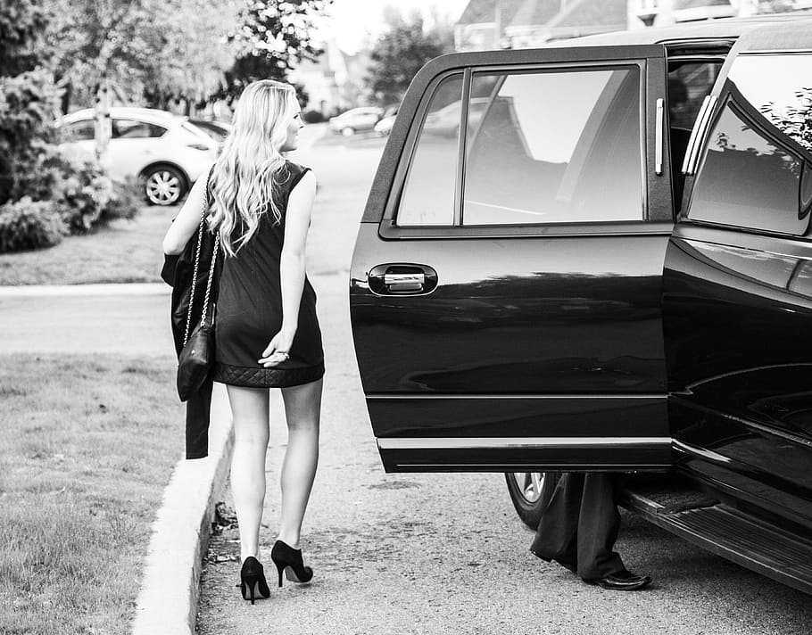 grayscale photo of woman standing beside car, prom, limousine, HD wallpaper