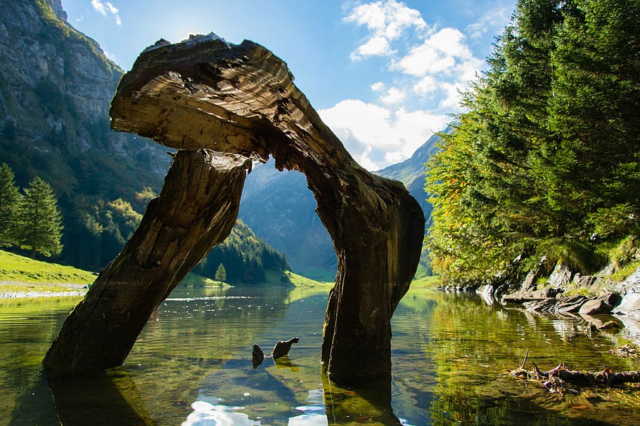 rock formation in the middle of body of water, seealpsee, nature, HD wallpaper