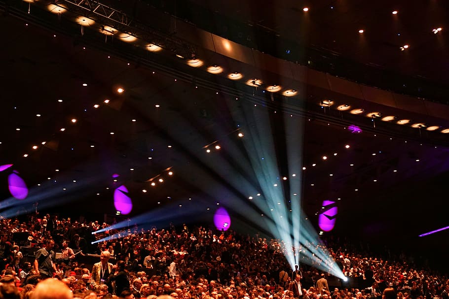 people on seats, inside, stadium, purple, lights, crowd, men, HD wallpaper