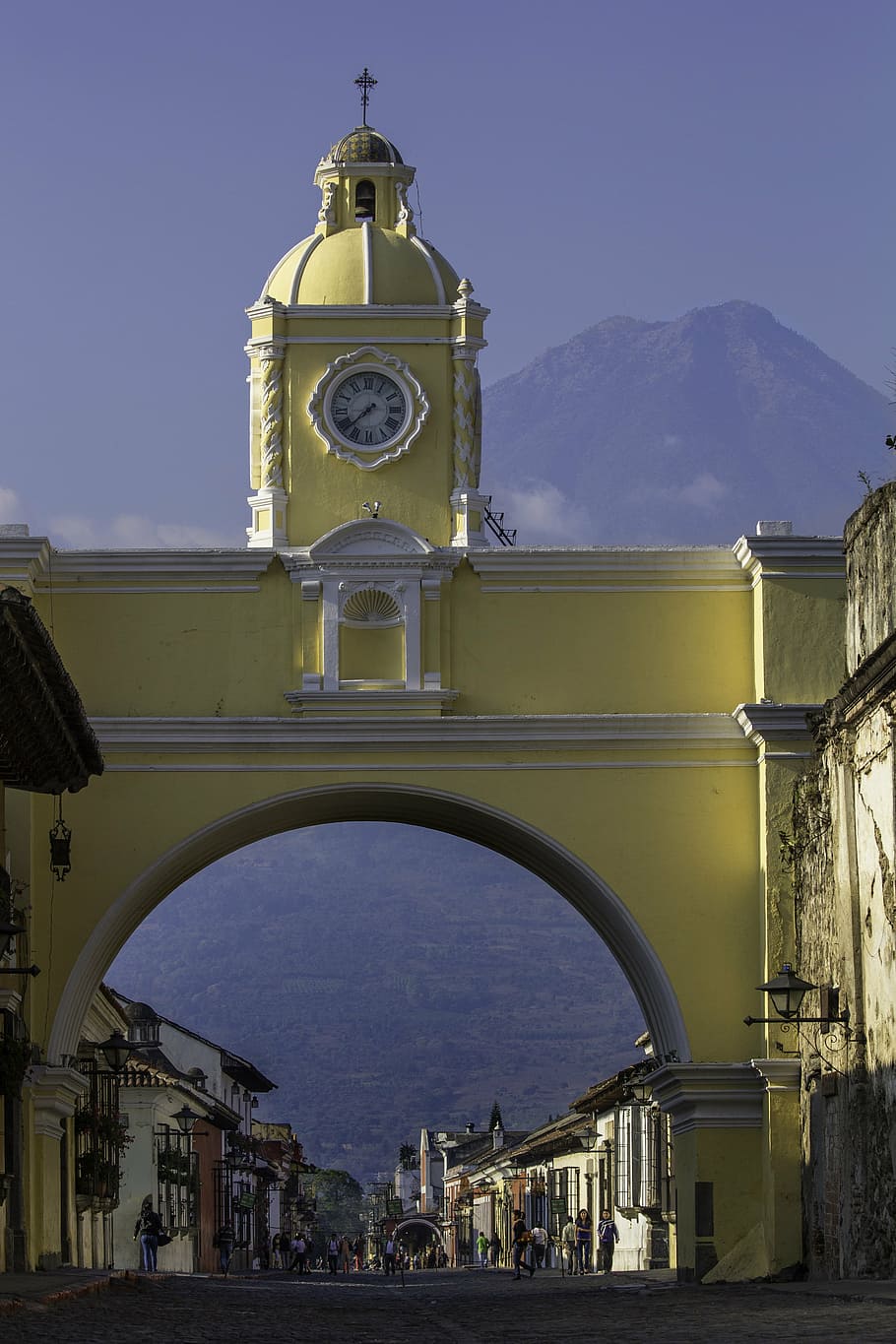 yellow concrete tower clock during daytime, guatemala, central america, HD wallpaper