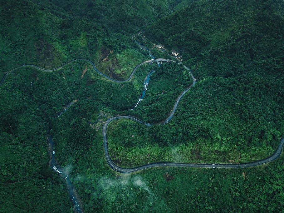 aerial photography of green grass field, eagle eyes view of zig zag road HD wallpaper