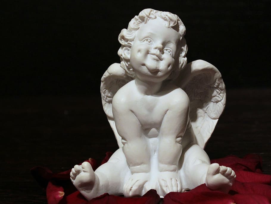 cherub smiling figurine, angel, angel wings, sweet, angel figure, HD wallpaper