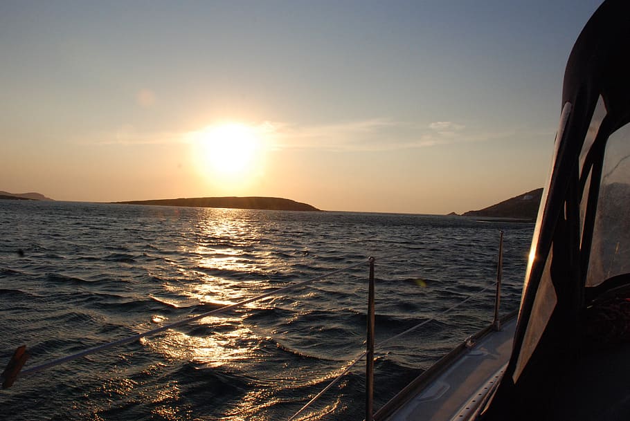 sunset, sea, afterglow, water, sky, transportation, mode of transportation HD wallpaper