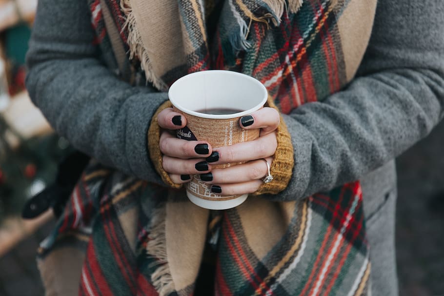 person holding brown and white disposable cup, coffee, hot HD wallpaper