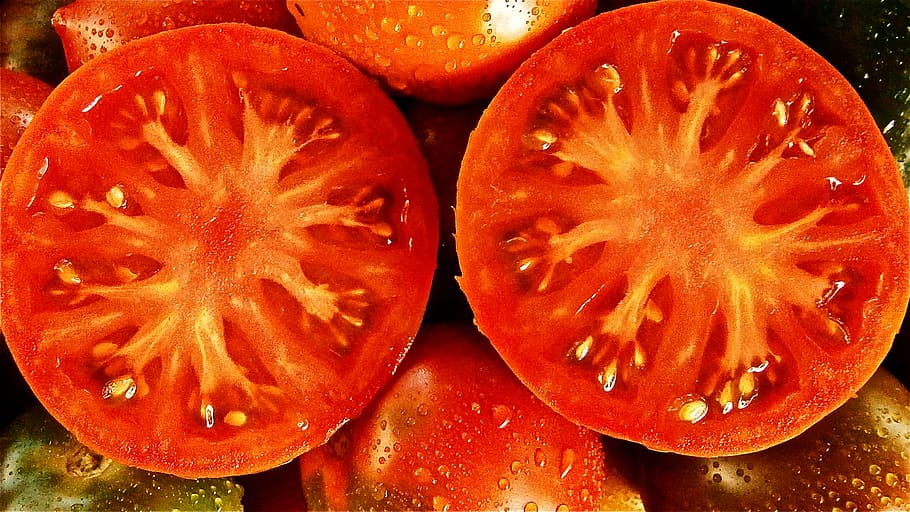two red tomato slices, fruit, vegetable, nature, vegetables HD wallpaper