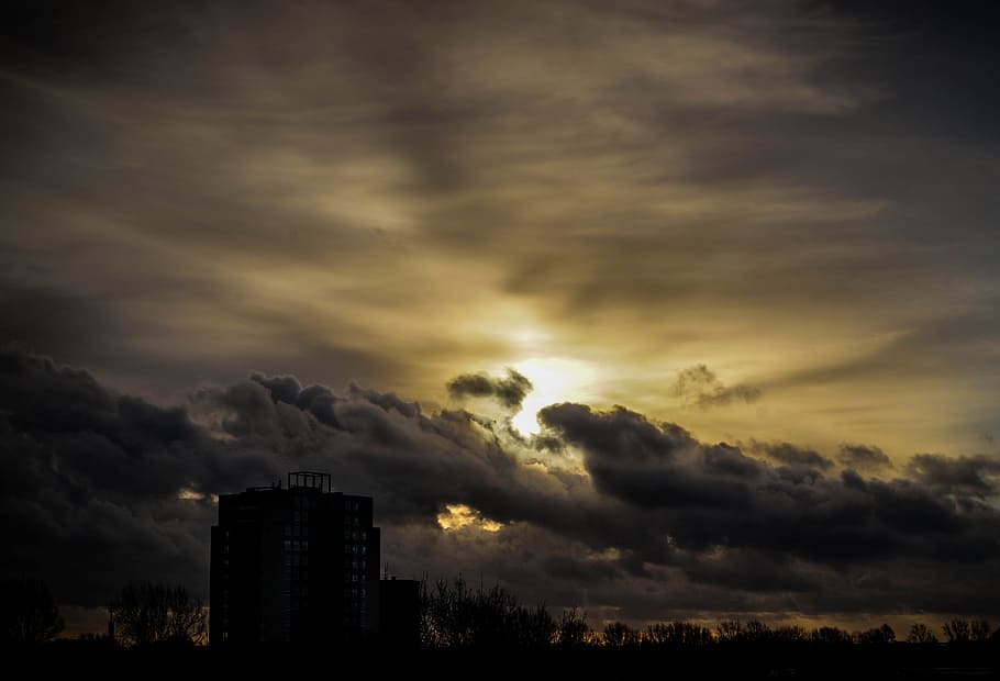 sunset, sky, clouds, dark, night, cloud - sky, building exterior HD wallpaper