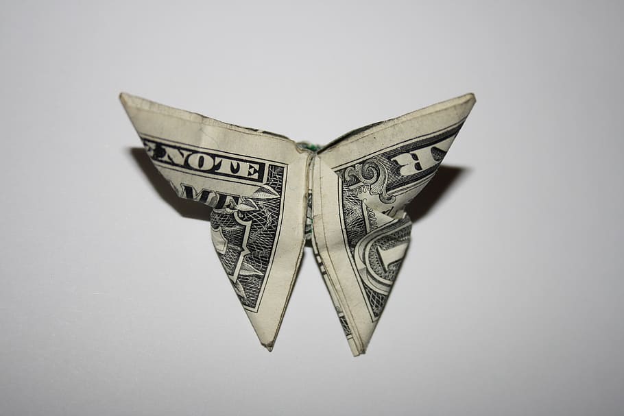 folded banknote, money, butterfly, origami, dollar, one dollar, HD wallpaper