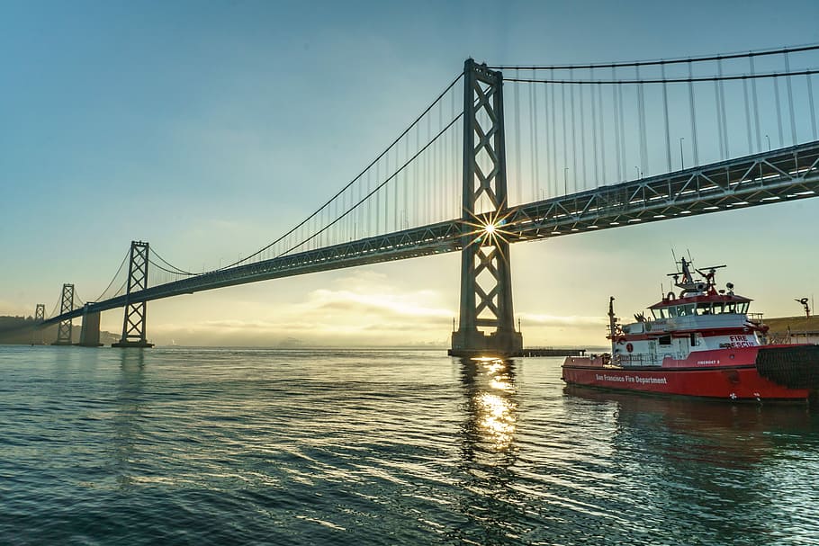 ship sailing under bridge, red and white boat under concrete bridge HD wallpaper