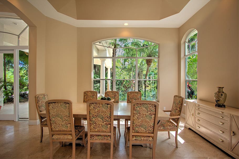 dining room, parkland, luxury home, seat, chair, table, furniture, HD wallpaper