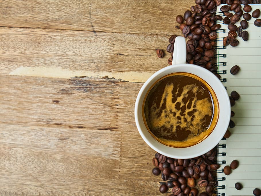 white ceramic mug with coffee surrounded coffee beans, caffeine HD wallpaper