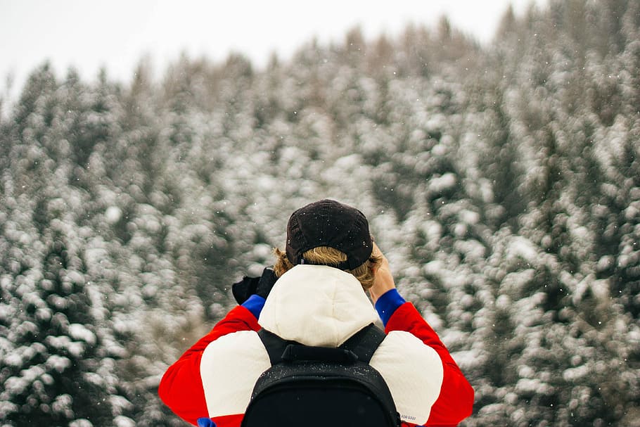 man standing near pine trees covered with snow, man facing towards trees HD wallpaper