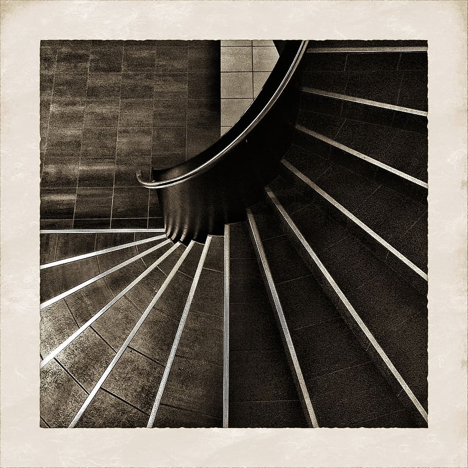 black concrete spiral stair, stairs, emergence, input, architecture HD wallpaper