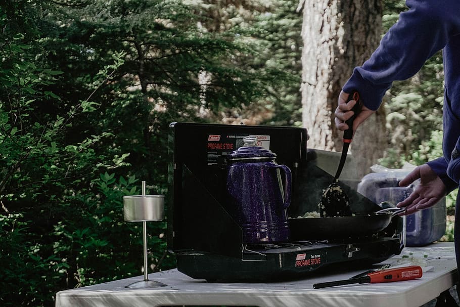 purple electric kettle on stove, person cooking on outdoors, stover HD wallpaper