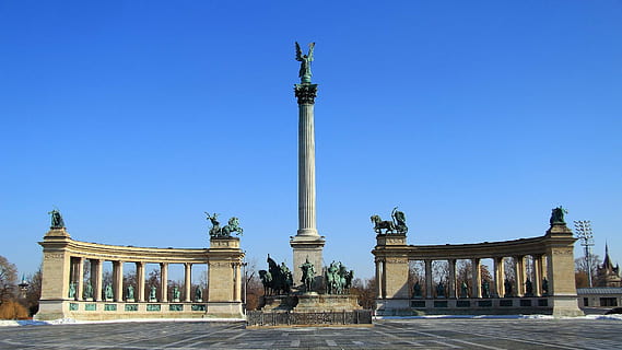 tower statue in between column, Budapest, Heroes ' Square, Sunlight HD wallpaper