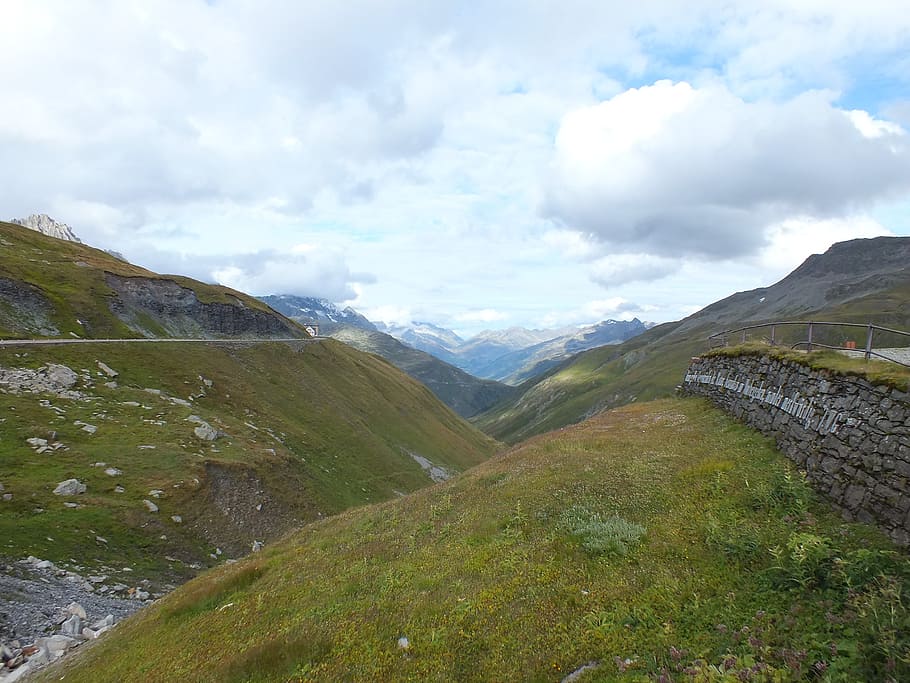 mountains, pass, sky, clouds, alpine, europe, meadow, alpenblick HD wallpaper