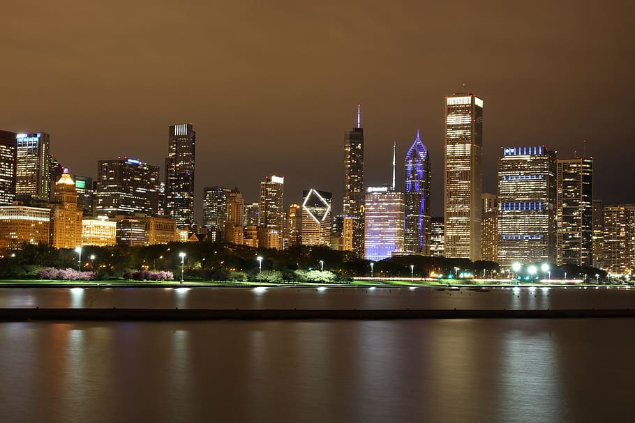 Night View, Chicago, Downtown, cityscape, skyscraper, urban skyline HD wallpaper