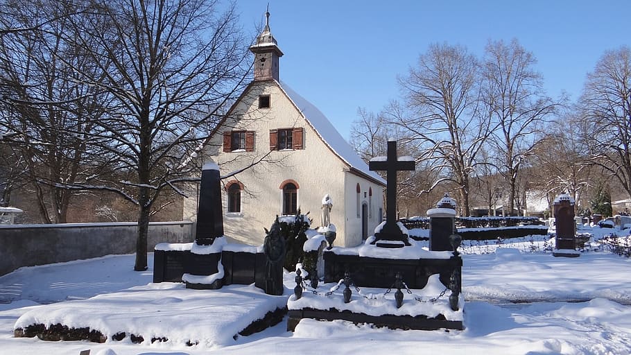 cemetery, graves, itzelberg, snow, winter, church, architecture HD wallpaper