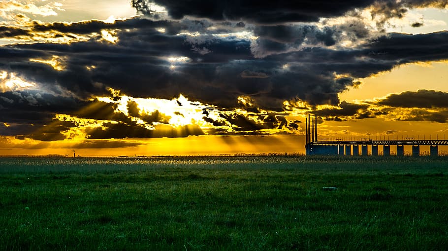 nature, panoramic, sunset, lawn, himmel, cloud - sky, grass HD wallpaper