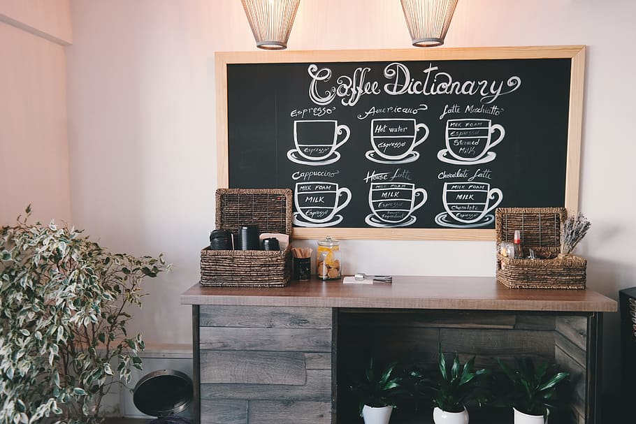 wood, table, inside, interior, basket, chalkboard, coffee shop, HD wallpaper